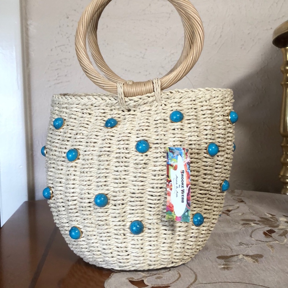 NWT Brooke Webb x Anna & Ava turquoise paper straw bucket clutch